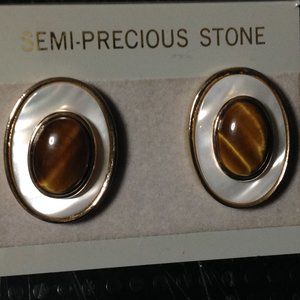 Vintage Tiger Eye & Mother of Pearl Pierced Earrings